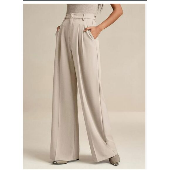 467 Women’s High-Rise Pleated Wide-Leg Trousers with Pockets Beige Elastic Pants - Picture 3 of 6